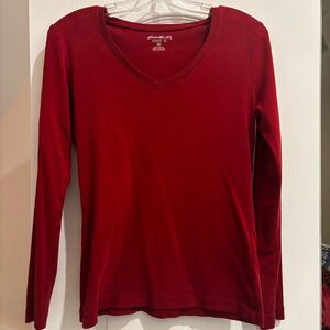 Eddie Bauer Solid Red V-Neck Long Sleeve Top Sz M